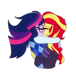 Size: 1500x1500 | Tagged: safe, artist:little-tweenframes, derpibooru import, sci-twi, sunset shimmer, twilight sparkle, equestria girls, cute, deleted from derpibooru, embrace, eyes closed, female, glasses, hug, kissing, lesbian, scitwishimmer, shipping, simple background, smiling, sunsetsparkle, transparent background