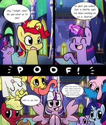 Size: 1719x2017 | Tagged: safe, artist:little-tweenframes, derpibooru import, applejack, applejack (g3), firefly, fluttershy, pinkie pie, posey, rainbow dash, rarity, sci-twi, sparkler (g1), spike, spike (g1), sunset shimmer, surprise, twilight, twilight sparkle, twilight sparkle (alicorn), alicorn, earth pony, pegasus, pony, unicorn, series:sciset diary, equestria girls, g1, g3, :d, :p, :t, adoraprise, comic, confused, cute, deleted from derpibooru, dialogue, disguise, equestria girls ponified, eyes closed, female, flyabetes, frown, g1 six, g1 to g4, generation leap, glasses, glowing horn, group, hooves together, jackabetes, lesbian, lidded eyes, mane seven, mane six, mare, open mouth, ponified, poseybetes, raised eyebrow, raised hoof, recolor, scitwishimmer, scrunchy face, shimmerbetes, shipping, silly, smiling, smirk, sparklerbetes, speech bubble, spikabetes, spread wings, sunsetsparkle, tongue out, twiabetes, twilight's castle, twolight, unicorn sci-twi, upside down, wat, wings
