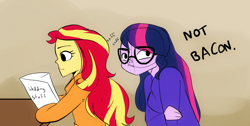 Size: 1500x755 | Tagged: safe, artist:little-tweenframes, derpibooru import, sci-twi, sunset shimmer, twilight sparkle, series:sciset diary, equestria girls, bacon hair, clothes, colored sketch, cute, deleted from derpibooru, female, glasses, lesbian, pajamas, reading, scitwishimmer, shipping, silly, simple background, sniffing, sunsetsparkle