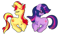 Size: 1700x1000 | Tagged: safe, artist:little-tweenframes, derpibooru import, sci-twi, sunset shimmer, twilight sparkle, pony, unicorn, series:sciset diary, equestria girls, alternate hairstyle, deleted from derpibooru, equestria girls ponified, eyes closed, female, glasses, lesbian, mare, ponified, scitwishimmer, shipping, simple background, smiling, sunsetsparkle, transparent background