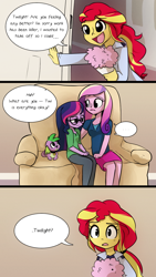 Size: 720x1280 | Tagged: safe, artist:little-tweenframes, derpibooru import, dean cadance, princess cadance, sci-twi, spike, spike the regular dog, sunset shimmer, twilight sparkle, dog, comic:canine advisory, series:sciset diary, equestria girls, clothes, comic, deleted from derpibooru, dialogue, female, lesbian, sad, scitwishimmer, shipping, sitting, skirt, sofa, sunsetsparkle, worried