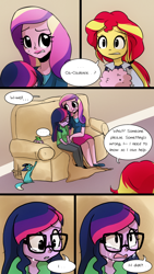 Size: 720x1280 | Tagged: safe, artist:little-tweenframes, derpibooru import, dean cadance, princess cadance, princess ember, sci-twi, spike, spike the regular dog, sunset shimmer, twilight sparkle, cat, dog, comic:canine advisory, series:sciset diary, equestria girls, catified, clothes, comic, crying, deleted from derpibooru, ember the cat, female, lesbian, scitwishimmer, shipping, skirt, sofa, species swap, sunsetsparkle, worried