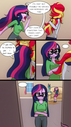 Size: 720x1280 | Tagged: safe, artist:little-tweenframes, derpibooru import, dean cadance, princess cadance, princess ember, sci-twi, sunset shimmer, twilight sparkle, cat, comic:canine advisory, series:sciset diary, equestria girls, catified, clothes, comic, crying, deleted from derpibooru, dialogue, ember the cat, female, glasses, hug, lesbian, open mouth, sad, scitwishimmer, shipping, species swap, speech bubble, sunsetsparkle