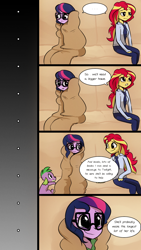 Size: 720x1280 | Tagged: safe, artist:little-tweenframes, derpibooru import, sci-twi, spike, spike the regular dog, sunset shimmer, twilight sparkle, dog, comic:canine advisory, series:sciset diary, equestria girls, ..., blanket, blanket burrito, clothes, comic, deleted from derpibooru, female, lesbian, scitwishimmer, shipping, smiling, sofa, speech bubble, sunsetsparkle