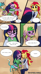 Size: 720x1280 | Tagged: safe, artist:little-tweenframes, derpibooru import, princess ember, sci-twi, spike, spike the regular dog, sunset shimmer, twilight sparkle, cat, dog, comic:canine advisory, series:sciset diary, equestria girls, ..., catified, clothes, comic, cute, deleted from derpibooru, dialogue, ember the cat, emberbetes, eyes closed, female, hug, lesbian, magical lesbian spawn, scitwishimmer, shimmerbetes, shipping, sitting, smiling, sofa, species swap, speech bubble, spikabetes, sunsetsparkle, twiabetes