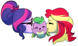 Size: 1000x586 | Tagged: safe, artist:little-tweenframes, derpibooru import, sci-twi, spike, spike the regular dog, sunset shimmer, twilight sparkle, dog, series:sciset diary, equestria girls, clothes, cute, deleted from derpibooru, eyes closed, female, glasses, kiss on the cheek, kiss sandwich, kissing, lesbian, love triangle, male, scitwishimmer, shipping, simple background, smiling, spikabetes, spikelove, sunsetsparkle, transparent background