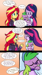 Size: 1280x2286 | Tagged: safe, artist:little-tweenframes, derpibooru import, sci-twi, spike, spike the regular dog, sunset shimmer, twilight sparkle, dog, series:sciset diary, equestria girls, carrying, clothes, comic, cute, deleted from derpibooru, dialogue, female, glasses, jacket, lesbian, looking at each other, scitwishimmer, shimmerbetes, shipping, sleeping, speech bubble, spikabetes, sunsetsparkle, twiabetes
