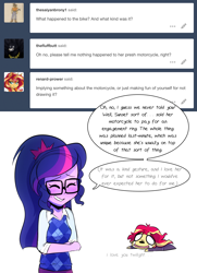 Size: 1300x1800 | Tagged: safe, artist:little-tweenframes, derpibooru import, sci-twi, sunset shimmer, twilight sparkle, series:sciset diary, equestria girls, clothes, crying, deleted from derpibooru, dialogue, eyes closed, female, glasses, lesbian, scitwishimmer, shipping, simple background, smiling, sunsetsparkle, tumblr, white background
