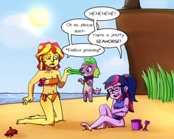 Size: 1000x800 | Tagged: safe, artist:little-tweenframes, artist:rawrienstein, derpibooru import, sci-twi, spike, spike the regular dog, sunset shimmer, twilight sparkle, dog, collaboration, series:sciset diary, equestria girls, bandeau, beach, belly button, breasts, cleavage, clothes, deleted from derpibooru, dialogue, eyes closed, female, frisbee, horse puns, kneeling, laughing, lesbian, one-piece swimsuit, sand, scitwishimmer, shipping, side-tie bikini, speech bubble, sunsetsparkle, swimsuit, trio
