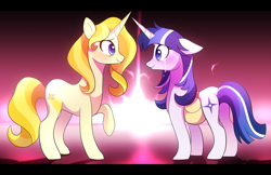 Size: 3000x1945 | Tagged: safe, artist:little-tweenframes, derpibooru import, oc, oc only, oc:sparkling dawn, oc:vespera, pony, unicorn, crying, deleted from derpibooru, duo, female, floppy ears, looking at each other, mare, next generation, offspring, parent:flash sentry, parent:prince blueblood, parent:sunset shimmer, parent:twilight sparkle, parents:flashlight, parents:sunblood, saddle bag, smiling, solo, tears of joy