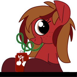 Size: 1800x1800 | Tagged: safe, artist:skookz, derpibooru import, oc, oc:cherry spirit, earth pony, pony, clothes, cute, drink, drinking, female, freckles, happy, looking at you, mare, silly straw, simple background, sitting, smiling, socks, soda, soda can, solo, straw, straw in mouth, table, transparent background