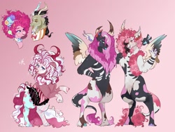 Size: 1280x960 | Tagged: safe, artist:bunnari, derpibooru import, discord, pinkie pie, oc, oc:carnivalicious dionysus wonderland, oc:festivalus bacchus dreamland, oc:harlequin saccharine comedy, draconequus, earth pony, pony, bowtie, bust, cloven hooves, discopie, female, fraternal twins, gradient background, hat, horns, interspecies offspring, male, offspring, parent:discord, parent:pinkie pie, parents:discopie, rearing, shipping, straight, tongue out, top hat, twins