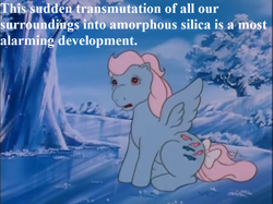 Size: 935x701 | Tagged: safe, derpibooru import, edit, edited screencap, screencap, wind whistler, g1, my little pony 'n friends, the glass princess, bow, glass, sesquipedalian loquaciousness, speech, tail bow, talking, tree, vitrification