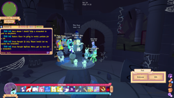 Size: 1366x768 | Tagged: safe, derpibooru import, screencap, oc, cat, pegasus, pony, unicorn, armor, castle of the royal pony sisters, dancing, fake wings, female, flying, game, group photo, horn, hud, lantern, legends of equestria, male, mare, night, pegasus oc, sitting, stallion, sunglasses, sunglasses at night, torch, unicorn oc, wings