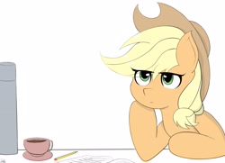 Size: 3514x2549 | Tagged: safe, artist:drawalaverr, derpibooru import, applejack, earth pony, pony, applejack's hat, book, coffee, cowboy hat, cup, female, hat, mare, missing freckles, pencil, simple background, solo, table, thermos, thinking, white background