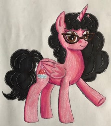 Size: 1024x1160 | Tagged: safe, artist:bozzerkazooers, derpibooru import, oc, oc only, oc:aaliyah, alicorn, pony, aaliyah, alicorn oc, alicornified, crossover, cutie mark, glasses, horn, pegasus wings, ponified, race swap, raised hoof, solo, traditional art, wings