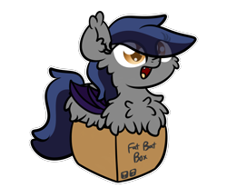 Size: 3250x2688 | Tagged: safe, artist:kimjoman, derpibooru import, part of a set, oc, oc only, oc:echo, bat pony, pony, :d, bat pony oc, bat wings, behaving like a cat, box, chest fluff, commission, cute, digital art, eye clipping through hair, fangs, female, fluffy, if i fits i sits, looking at you, mare, open mouth, pony in a box, simple background, solo, tail, transparent background, wings, ych result
