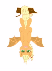 Size: 2800x3818 | Tagged: safe, artist:dicemarensfw, derpibooru import, applejack, bat, bat pony, earth pony, pony, blushing, fangs, female, hair, hairband, hanging, hanging upside down, hooves, mare, open mouth, shading, simple background, slit eyes, snake eyes, solo, spread wings, sticker, teeth, upside down, white background, wings