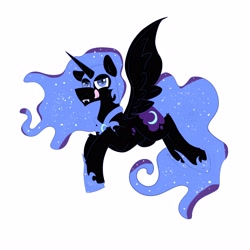 Size: 2800x2800 | Tagged: safe, artist:dicemarensfw, derpibooru import, nightmare moon, alicorn, pegasus, pony, unicorn, armor, colored, fangs, flying, horn, moon, shading, simple background, solo, sparkles, spread wings, sticker, tongue out, white, white background, wings