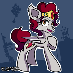 Size: 3000x3000 | Tagged: safe, artist:mrcapriccio, derpibooru import, oc, oc:ruby violette, pegasus, pony, abstract background, jewelry, looking at you, ruby, simple background