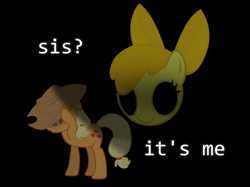 Size: 3007x2250 | Tagged: safe, derpibooru import, apple bloom, applejack, earth pony, pony, apple bloom's bow, applejack's hat, bow, covering face, cowboy hat, crying, disembodied head, empty eyes, five nights at freddy's, floppy ears, golden apple bloom, golden freddy, hair bow, hallucination, hat, hidden eyes, it's me, smiling, vector