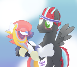 Size: 2706x2360 | Tagged: safe, artist:pasteldraws, derpibooru import, oc, oc:nighfall serenade, pegasus, pony, blushing, clothes, cloud, cloudy, cute, flying, freckles, holding a pony, hoodie, sky, sweatband