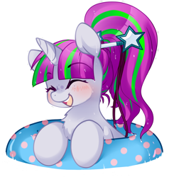 Size: 1100x1157 | Tagged: safe, artist:loyaldis, derpibooru import, oc, oc only, oc:zippi, pony, unicorn, chest fluff, commission, cute, eyes closed, female, filly, inner tube, simple background, smiling, solo, transparent background, wet, wet mane, white outline, ych result