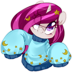 Size: 1008x1000 | Tagged: safe, artist:loyaldis, derpibooru import, oc, oc only, oc:zew, unicorn, clothes, commission, cute, female, filly, simple background, smiling, solo, sweater, transparent background, ych result