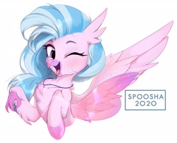 Size: 2498x2030 | Tagged: safe, artist:spoosha, derpibooru import, silverstream, classical hippogriff, hippogriff, seapony (g4), bust, cute, diastreamies, female, fins, mid-transformation, one eye closed, open mouth, simple background, solo, transformation, white background, wings, wink