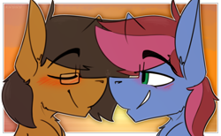 Size: 1576x971 | Tagged: safe, artist:kirbirb, derpibooru import, oc, oc only, oc:blue petal, oc:notetaker, earth pony, blushing, boop, gay, glasses, male, nuzzling, sunset