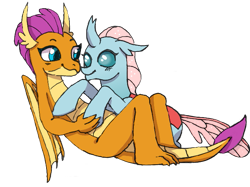 Size: 667x500 | Tagged: safe, artist:atlantropa, derpibooru import, ocellus, smolder, changedling, changeling, dragon, cute, diaocelles, dragoness, female, lesbian, shipping, simple background, smolcellus, smolderbetes, transparent background