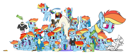 Size: 8775x3822 | Tagged: safe, artist:dacaoo, derpibooru import, rainbow dash, twilight sparkle, twilight sparkle (alicorn), oc, alicorn, genie pony, pegasus, pony, seapony (g4), zebra, alternate hairstyle, armor, bedroom eyes, bell, bell collar, blushing, box, braid, clothes, collage, collar, cutie mark, dashstorm, disembodied hand, do not want, doll, food, friendship throne, frog (hoof), genie, geniefied, glasses, goggles, gun, hand, implied lesbian, implied shipping, implied twidash, juice, juice box, micro, mug, multeity, peytral, pizza, pony in a box, scratching, seaponified, seapony rainbow dash, self ponidox, simple background, sleeping, species swap, spread wings, tongue out, toy, transparent background, underhoof, uniform, weapon, wet, wet mane, wings, wonderbolts uniform, zebra oc