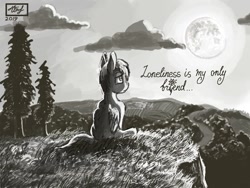 Size: 680x512 | Tagged: safe, artist:dreamyskies, derpibooru import, oc, oc only, oc:dreamer skies, pegasus, pony, cliff, cloud, depressed, depression, detailed, detailed background, field, forest background, grass, horizon, lonely, looking up, male, monochrome, moon, moonlight, night, pegasus oc, pony oc, sad, signature, single, sitting, solo, stallion, text, tree, wings