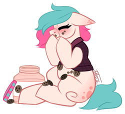 Size: 544x496 | Tagged: safe, artist:inspiredpixels, derpibooru import, oc, oc:wyrenth knute, pony, chibi, cookie, cookie jar, female, food, mare, simple background, solo, transparent background