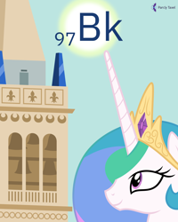 Size: 4000x5000 | Tagged: safe, artist:parclytaxel, derpibooru import, princess celestia, alicorn, pony, series:joycall6's periodic table, .svg available, absurd resolution, berkelium, bust, chemistry, female, looking up, mare, periodic table, portrait, sather tower, smiling, solo, sun, uc berkeley, vector