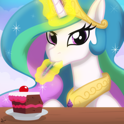 Size: 2048x2048 | Tagged: safe, artist:whitequartztheartist, derpibooru import, princess celestia, alicorn, pony, cake, cakelestia, crown, cute, cutelestia, diamond, eating, female, food, glowing horn, horn, jewelry, looking at you, magic, mare, regalia, solo, table, that pony sure does love cakes, wings