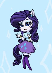 Size: 1311x1840 | Tagged: safe, artist:ameliacostanza, derpibooru import, rarity, equestria girls, blue background, bracelet, clothes, female, jewelry, lipstick, ponied up, sassy, simple background, skirt, solo