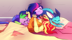 Size: 3000x1688 | Tagged: safe, artist:little-tweenframes, derpibooru import, princess ember, sci-twi, spike, spike the regular dog, sunset shimmer, twilight sparkle, cat, dog, series:sciset diary, equestria girls, :3, bed, catified, cuddle puddle, cuddling, cute, deleted from derpibooru, ember the cat, emberbetes, female, group, lesbian, longcat, morning, pillow, pony pile, scitwishimmer, shimmerbetes, shipping, smiling, species swap, spikabetes, sunsetsparkle, twiabetes