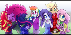 Size: 1280x640 | Tagged: safe, artist:little-tweenframes, derpibooru import, applejack, fluttershy, pinkie pie, rainbow dash, rarity, sci-twi, spike, spike the regular dog, sunset shimmer, twilight sparkle, dog, series:sciset diary, equestria girls, cute, deleted from derpibooru, female, hug, humane five, humane seven, humane six, lesbian, scitwishimmer, shipping, starry eyes, sunsetsparkle