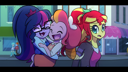 Size: 1280x720 | Tagged: safe, artist:little-tweenframes, derpibooru import, heath burns, sci-twi, scott green, sunset shimmer, tennis match, twilight sparkle, oc, oc:honeycrisp blossom, series:sciset diary, equestria girls, building, carrying, city, clothes, cute, deleted from derpibooru, eyes closed, female, glasses, hug, jacket, lesbian, offspring, parent:big macintosh, parent:princess cadance, parents:cadmac, scitwishimmer, shipping, smiling, sunsetsparkle