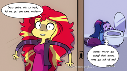 Size: 1280x720 | Tagged: safe, artist:little-tweenframes, derpibooru import, sci-twi, sunset shimmer, twilight sparkle, series:sciset diary, equestria girls, bathroom, deleted from derpibooru, female, lesbian, morning sickness, pregnant, pregnant equestria girls, pun, scitwishimmer, shipping, sick, speech bubble, sunsetsparkle, toilet