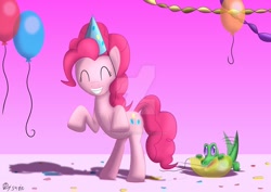 Size: 1280x905 | Tagged: safe, artist:petrus-c-visagie, derpibooru import, pinkie pie, crocodile, earth pony, pony, balloon, deviantart watermark, duo, eyes closed, female, happy, mare, obtrusive watermark, smiling, watermark