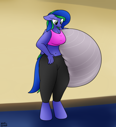 Size: 2022x2210 | Tagged: safe, artist:the-furry-railfan, derpibooru import, oc, oc only, oc:felicity stars, anthro, pegasus, unguligrade anthro, clothes, confused, exercise ball, indoors, pants, this will end in balloons, yoga, yoga pants