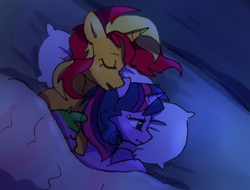 Size: 1756x1338 | Tagged: safe, artist:little-tweenframes, derpibooru import, sci-twi, spike, sunset shimmer, twilight sparkle, dragon, pony, unicorn, blanket, deleted from derpibooru, eyes closed, female, lesbian, scitwishimmer, shipping, sleeping, sunsetsparkle