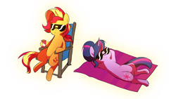 Size: 1280x720 | Tagged: safe, artist:little-tweenframes, derpibooru import, sci-twi, sunset shimmer, twilight sparkle, pony, unicorn, series:sciset diary, equestria girls, deleted from derpibooru, duo, equestria girls ponified, female, lesbian, mare, ponified, pregnant, relaxing, scitwishimmer, shipping, simple background, sunglasses, sunsetsparkle, transparent background