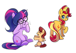 Size: 1000x702 | Tagged: safe, artist:little-tweenframes, derpibooru import, sci-twi, sunset shimmer, twilight sparkle, oc, oc:lightning blitz, pegasus, pony, unicorn, series:sciset diary, equestria girls, baby, baby pony, babysitting, blank flank, colt, deleted from derpibooru, female, glasses, laughing, lesbian, looking back, male, mare, offspring, parent:rain catcher, parent:scootaloo, parents:catcherloo, ponified, scitwishimmer, shipping, silly, simple background, smiling, squishy cheeks, sunsetsparkle, transparent background