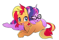 Size: 1000x676 | Tagged: safe, artist:little-tweenframes, derpibooru import, sci-twi, sunset shimmer, twilight sparkle, pony, unicorn, series:sciset diary, equestria girls, cute, deleted from derpibooru, female, glasses, lesbian, mare, ponified, scitwishimmer, shimmerbetes, shipping, simple background, smiling, snuggling, sunsetsparkle, twiabetes