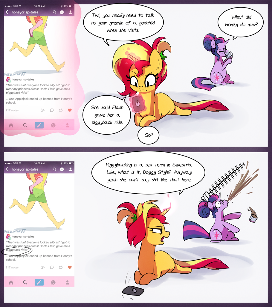 2672739 - safe, artist:little-tweenframes, derpibooru import, sci-twi,  sunset shimmer, twilight sparkle, oc, oc:honeycrisp blossom, human,  series:sciset diary, barefoot, cellphone, deleted from derpibooru, feet,  female, lesbian, phone, pregnant ...