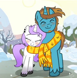 Size: 1392x1396 | Tagged: safe, artist:pizza lord, derpibooru import, edit, edited screencap, screencap, oc, oc only, oc:drizzle dots, oc:julie, unicorn, the perfect pear, clothes, couple, redraw, scarf, shared clothing, shared scarf, shipping, snow, winter