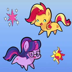 Size: 500x500 | Tagged: dead source, safe, artist:little-tweenframes, derpibooru import, sci-twi, sunset shimmer, twilight sparkle, pony, unicorn, series:sciset diary, equestria girls, chibi, cute, deleted from derpibooru, female, glasses, lesbian, mare, pointy ponies, ponified, scitwishimmer, shimmerbetes, shipping, smiling, sunsetsparkle, twiabetes